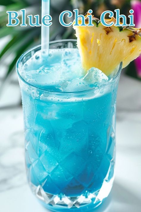 Blue Chi Chi is a refreshing tropical cocktail that blends the sweet and creamy flavors of pineapple juice and cream of coconut with a splash of vodka and the vibrant blue hue of blue curacao. Coconut Vodka Drinks, Winter Vodka Cocktails, Vodka And Pineapple Juice, Easy Cocktail Recipe, Pineapple Juice Recipes, Coconut Vodka, Vodka Blue, Vodka Cocktails Easy, Vodka Recipes Drinks