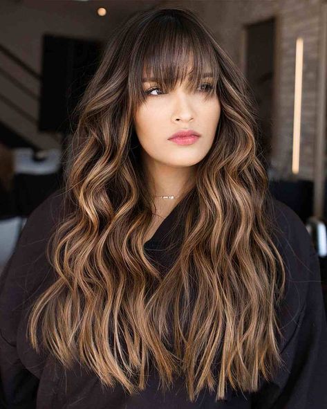 Balayage In Dark Hair, Blonde Balayage Ideas, Brown Hair Pale Skin, Bangs And Balayage, Brown Hair With Blonde Balayage, Dark Brunette Balayage, Types Of Bangs, Honey Blonde Balayage, Blonde Balayage Hair