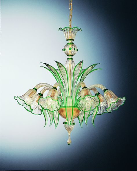 VENETIAN GLASS CHANDELIER "PORTOFINO" WITH 8 LIGHTS - VENETIAN BLOWN GLASS Green Decoration, Green Chandeliers, 8 Light Chandelier, Murano Chandelier, Blown Glass Art, Italian Lighting, Murano Glass Chandelier, Green Decor, Chandelier Lamp