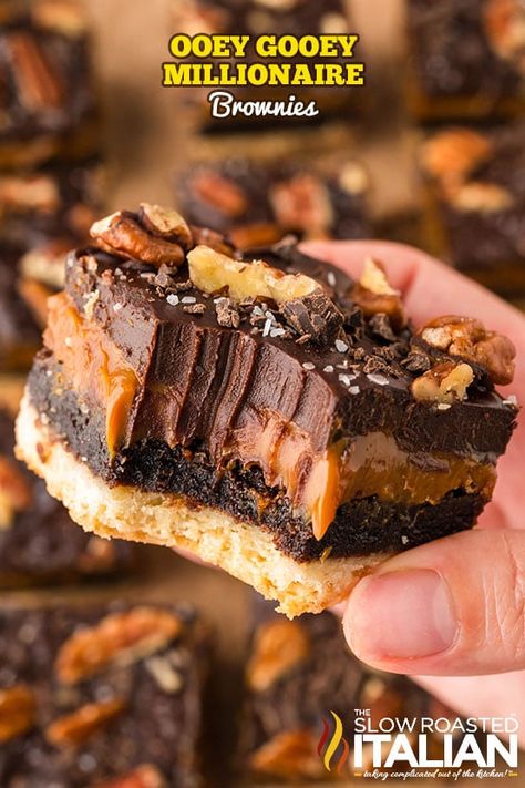 Ooey Gooey Millionaire Brownies - The Slow Roasted Italian Ooey Gooey Brownies, Millionaire Brownies, Brookies Recipes, Millionaire Bars, Brookies Recipe, Chewy Sugar Cookie, Chewy Sugar Cookie Recipe, Slow Roasted Italian, Blondies Brownies