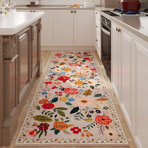 Amazon.com: Rugcomf Runners for Hallways Kitchen Runner Rug Non Slip 2'x 10' Long Washable Runner Rugs with Rubber Backing Soft Floral Carpet runner for Hallways, Kitchen, Laundry, Bedroom, Bathroom(Beige) : Home & Kitchen Washable Kitchen Rug, Colorful Eclectic Kitchen, Stair Inspiration, Laundry Bedroom, Rug Backing, Green Kitchen Decor, Hallway Carpet Runners, Floral Carpet, Beige Bathroom