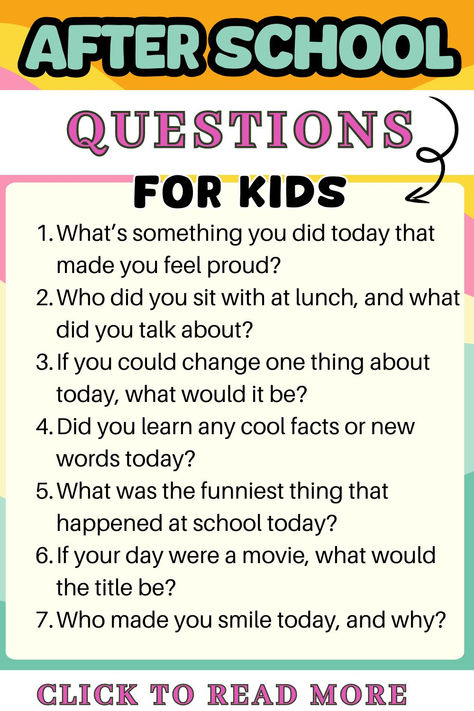 20 Questions to Ask Your Kids After School | If you find it challenging to get your toddler, elementary-aged child, or tween to share more than just 'fine' or 'nothing' about their school day, this post is for you! We've gathered the best questions designed to get kids talking. Skip the yes/no questions and try these fun and creative open-ended prompts to spark meaningful conversations Questions To Ask Kids After School, After School Activities For Kids, Fun Questions For Kids, Questions To Ask Your Kids, School Questions, Yes No Questions, Questions For Kids, Best Questions, Kids Questions