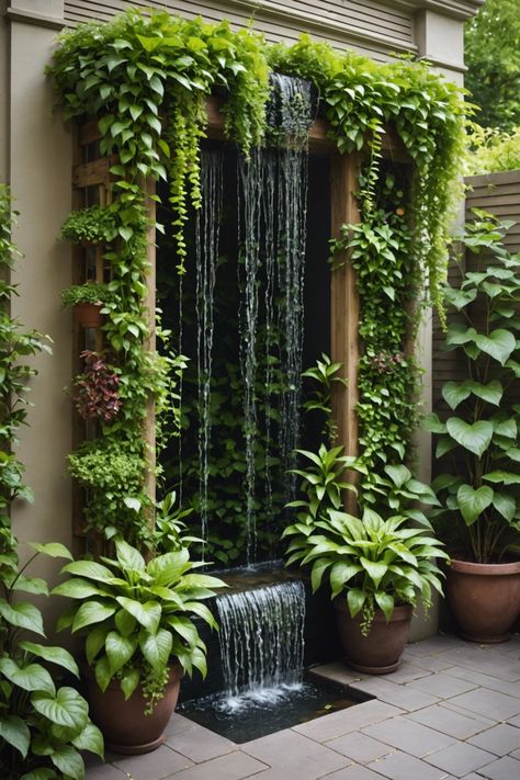 Side Yard Decorating Ideas, Vertical Garden With Waterfall, Narrow Water Feature, Tropical Fountain Ideas, Fountain Wall Outdoor, Water Feature With Plants, Calming Garden Ideas, Home Water Feature, Waterfall Garden Design