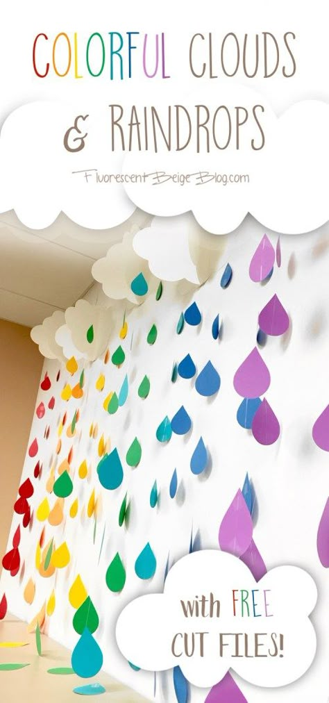 Colorful Clouds & Raindrops #Papercraft #DIY with Free Cut Files #Silhouette Spring Classroom Door, Spring Door Decoration, Library Book Displays, Spring Classroom, Preschool Classroom Decor, Library Display, Colorful Clouds, Door Decorations Classroom, Rainbow Theme