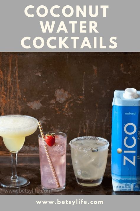 You know coconut water is full of electrolytes and minerals, but it's also delish in adult beverages! Try all of these awesome coconut water cocktails — Spicy Tequila & Lemonade Cocktail, Frozen Pineapple Coconut Rum, and Sparkling Strawberry Gin! #betsylife #coconutwater #coconutwatercocktails #healthyadultdrinks Cocktail With Coconut Water, Coconut Water Drinks Alcohol, Rum And Coconut Water, Coconut Water Mixed Drinks, Coconut Water Alcoholic Drinks, Drinks Made With Coconut Water, Vodka Coconut Water Cocktails, Coconut Water Cocktail Recipes, Coconut Water Mocktail