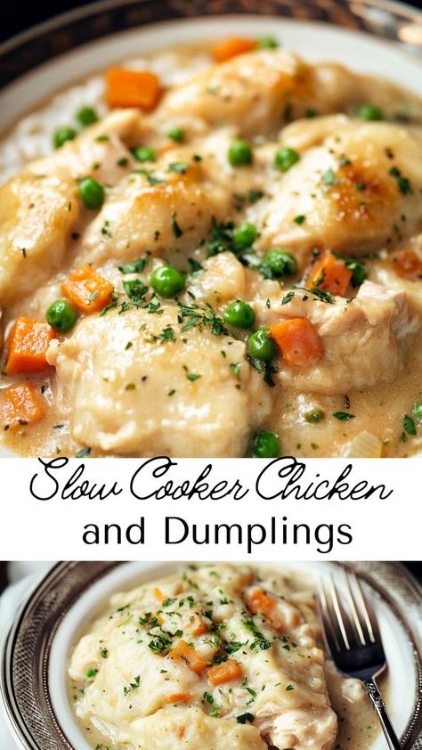 This slow cooker chicken and dumplings recipe brings the cozy flavors of home to your table with minimal effort. Tender chicken, creamy broth, and light, fluffy dumplings come together to make a classic dish that’s perfect for a weeknight dinner or a lazy Sunday meal. Slow Cooker Chicken Dumplings, Slow Cooker Chicken And Dumplings, Fluffy Dumplings, Chicken And Dumplings Recipe, Fluffy Biscuits, Easy Slow Cooker Chicken, Chicken Veggies, Dumplings Recipe, Drop Biscuits