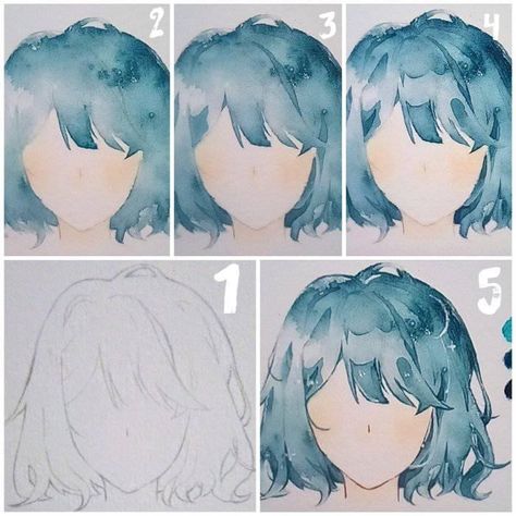 Watercolour Hair Tutorial, Watercolor Hair Anime, Hair Watercolor Tutorials, Watercolor Tutorial Anime, How To Watercolor Hair, Manga Watercolor Tutorials, Watercolor Hair Tutorial, Manga Watercolor Anime Art, Anime Pupils