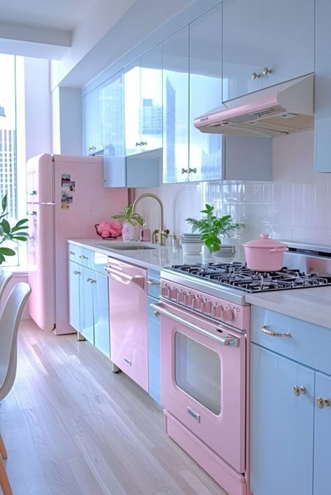 Pastel Kitchen Ideas, Tiny Apartment Kitchen, Light Bright Kitchen, Colorful Cabinets, Apartment Kitchen Decor, Colored Cabinets, Pastel Kitchen Decor, Pastel Interior Design, Pink Kitchens