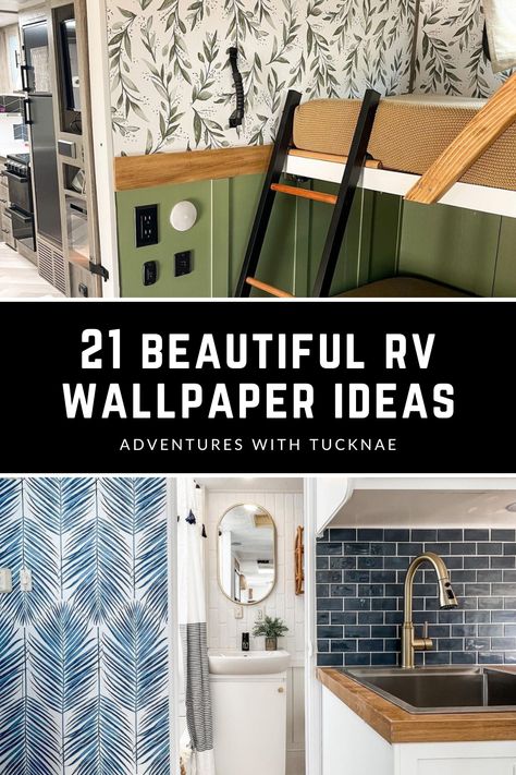 21 Beautiful RV Wallpaper Ideas Earth Tone Camper Remodel, Caravan Wall Ideas, Wallpaper In Rv Accent Walls, Gray And White Rv Interior, Wallpaper Rv Interior, Travel Trailer Interior Ideas, Camper Accent Wall, Wallpaper Rv Walls, Painting Inside Rv Color Schemes