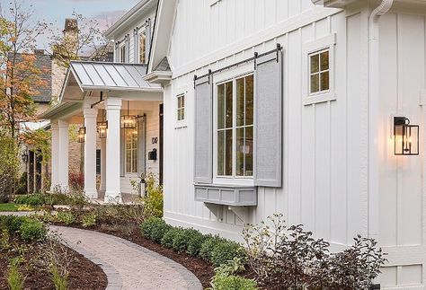 White Vertical Siding, White Shutters, Farmhouse Exterior Design, Vertical Siding, Stone Exterior, Home Bunch, Primitive Homes, Casa Exterior, Shutters Exterior