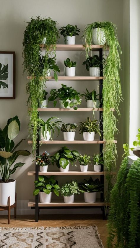 Plants Organization Indoor, Living Room Plant Decor Ideas, Plant Shelf Ideas Living Room, Plant Organization Indoor, Room Filled With Plants, Plant Wall Shelf Ideas, Interior Design With Plants, Plants On A Shelf, House Plants Decor Indoor