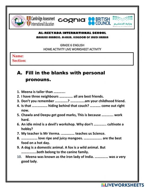 Kinds Of Pronouns Worksheet, Kinds Of Pronouns, Pronouns Worksheet, Personal Pronouns, Teaching English Grammar, English As A Second Language (esl), Grade 6, English As A Second Language, English House