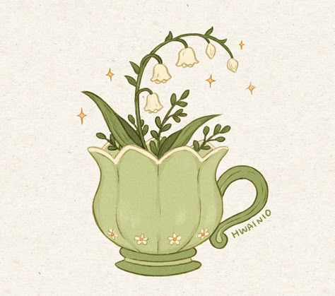 Teapot Drawing, Cottagecore Drawing, Cottagecore Art, Patiently Waiting, Tea Art, Whimsical Art, Lily Of The Valley, الرسومات اللطيفة, 그림 그리기