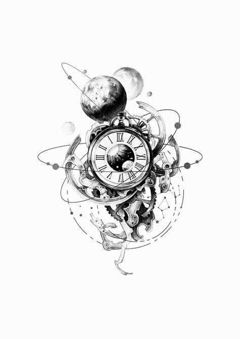 Planet Tattoo, Tattoo Samples, Watch Tattoo, Clock Tattoo Design, Planet Tattoos, Car Drawing, Geometric Tattoo Design, Watch Tattoos, Geniale Tattoos