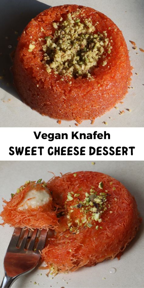 Vegan Knafeh - Sweet Cheese Dessert - by Plant Based Arab Sweet Cheese, African Dessert, Vegan Summer Recipes, Vegan Recipes Plant Based, Arabic Recipes, Plant Based Recipes Easy, Cheese Dessert, Vegan Dessert, Vegan Meals