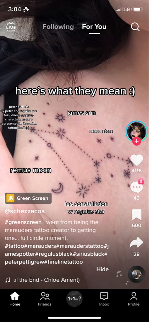 Sirius Star Constellations Tattoo, Leo Constellation Aesthetic, Remus Constellation, Jegulus Inspired Tattoos, Sirius Star Constellations, Sirius Constellation Tattoo, Mauraders Tattoo Ideas, Marauders Doodles, Regulus Tattoo