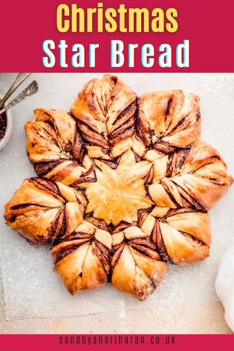 This Star bread is festive, fun, pretty and oh so delicious and easy! Made with basic pantry ingredients, this recipe is simpler to make, than you can imagine. Perfect bread for all your upcoming holiday breakfast. #starbread #nutella #startwistedbread #pullapart #monkeybread #tearandshare #instantpot #doughproofing #breakfast #christmas #festive Christmas Star Bread, Star Bread Recipe, Nutella Star Bread, Festive Bread, Breakfast Christmas, Savory Bread Recipe, Star Bread, Festive Recipes, Vegetarian Recipes Lunch