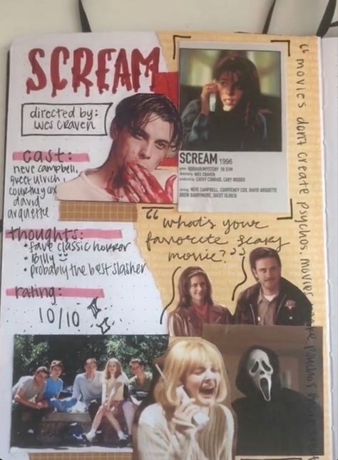 Movie Review Journal Ideas, Scrapbook Cover, Memory Journal, Scream Movie, Scrapbook Book, Journal Writing Prompts, Journal Aesthetic, Journal Diary, Reading Journal