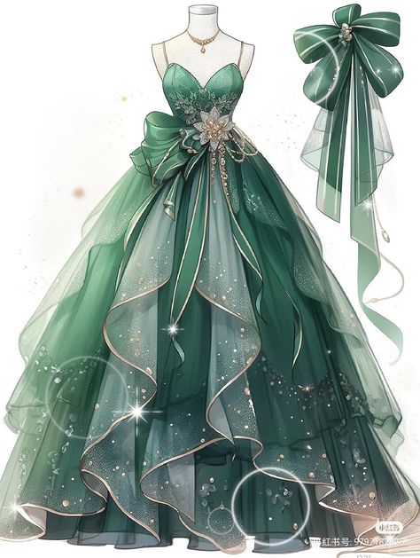 Sea Green Ball Gown, Green Fantasy Dress Drawing, Green Dress Design, Princess Dress Green, Green Fantasy Dress, Green Fairy Dress, Green Princess Dress, Anime Princess Dress, Tale Dress