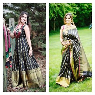 What a beautiful transformation of kanjeevaram saree to a chic and contemporary long anarkali or full length gown...??? Click on https://womenewera.blogspot.com/2018/02/reuse-magic-ways-to-redesign-your-old.html for more tranfiemations and Ideas to remodel your old kanjeevaram sarees. #reuseSaree #kanjeevaram #clothTransformation #remodelCloths #Inspiration #womenewera #pattu #bridalBlog Dress From Old Saree, Saree To Dress, How To Make Dress, Gown Saree, Cocktail Attire For Women, Make Dress, Kanjeevaram Sarees, Fusion Wear, Recycled Dress