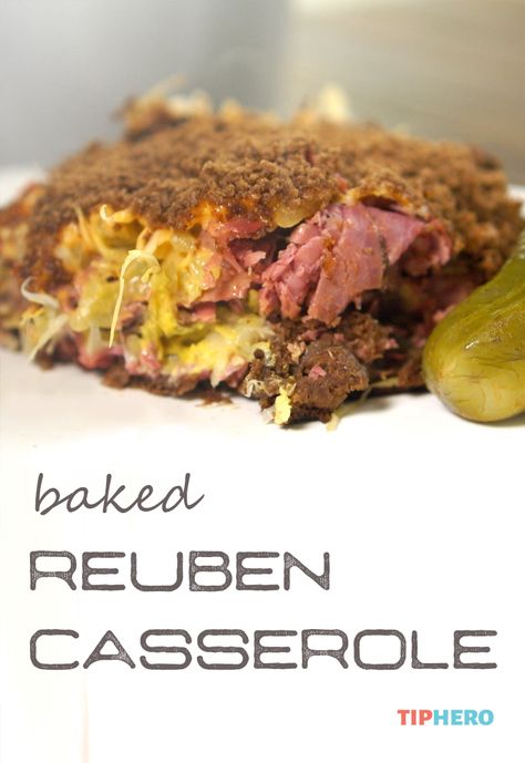 Baked Reuben Casserole Recipe | All the flavor of the classic Reuben sandwich – rye bread, sauerkraut, Swiss cheese, Thousand Island dressing, and corned beef or pastrami - baked up in a casserole! Click for the recipe and how to video.  #dinnertime #reuben #homecooking #baking #casseroles Oven Baked Reuben Casserole 12 Tomatoes, Easy Rueben Bake, Baked Rueben Casserole, Baked Reuben Casserole, Easy Reuben Bake, Oven Baked Reuben Casserole, Oven Baked Rueben Casserole, Reuben Bake Casserole, Rueben Casserole Baked