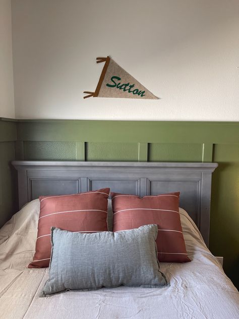 Green Bedroom Sherwin Williams, Board And Batten Feature Wall, Accent Wall Green, Batten Feature Wall, Green Board And Batten, Diy Pennant, Modern Traditional Bedroom, Cricut Explore 3, Moody Green