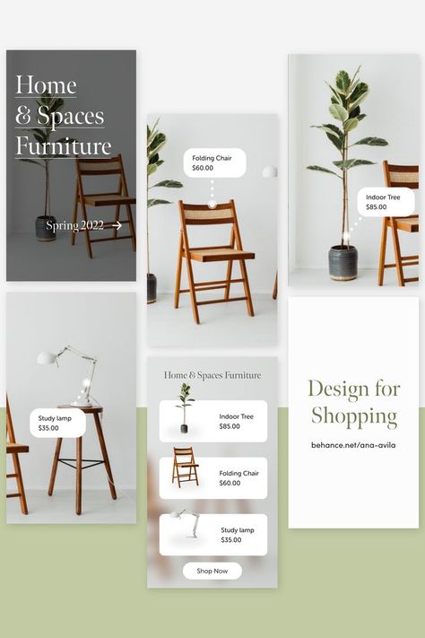 Design for an instagram story template of 5 stories for shopping home items including a chair, plant decoration, and a lamp. Pet Shop Logo Design, Poster Design Layout, Social Media Branding Design, Plant Decoration, Space Furniture, Best Logo Design, Home Items, Instagram Design, Instagram Story Template