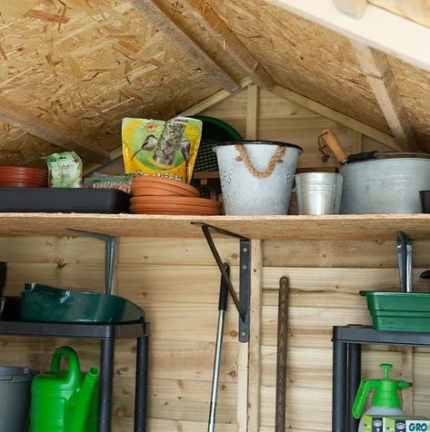 Shelving in a Shed Shed Organisation, Garden Storage Ideas, 12x8 Shed, 8x8 Shed, Wooden Garden Buildings, Shed Shelving, Small Shed, Corner Sheds, Small Garden Shed