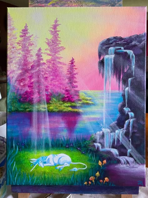 Fantasy Landscape Painting Ideas, Fantasy Art Projects, Fantasy Painting Ideas, Hobby Activities, Mystical Paintings, Eclectic Paintings, Magical Paintings, Diy Canvas Wall Art, Painting Canvases