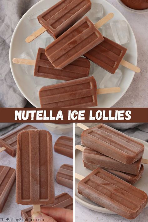 Recipe for Nutella Popsicles - three ingredient and easy to make ice lollies. Perfect for summer time, or any time! #popsicles #icelollies #thebakingexplorer #nutellarecipes #summerdessert Ice Cream Lollies Recipes, How To Make Chocolate Popsicles, Ice Cream Recipes Popsicles, Healthy Ice Lolly Recipes, Homemade Ice Lolly Recipes, How To Make Ice Lollies, Homemade Ice Lollies, Ice Lollies Recipes, Nutella Popsicles Recipe