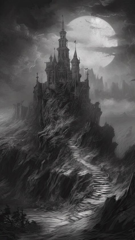 Charcoal Fantasy Art, Spooky Nature Aesthetic, Medieval Castle Tattoo Design, Midevil Tattoos Sleeve, Gothic Castle Drawing, Dark Castle Art, Gothic Castle Art, Viking Castle, Dark Fantasy Castle