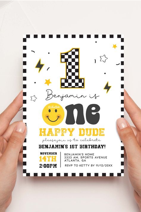 Celebrate your little one's first birthday with our 'One Happy Dude Birthday Invitation'. It speaks joy, laughter, and unforgettable memories embodied in the smile and 'ONE happy dude' text. Perfect for your one year old's happy day celebration as it ensures smiles and happy vibes.🙂 One Happy Dude Birthday Party, One Happy Dude First Birthday, Dude Birthday Party, One Happy Dude Birthday, Dude Birthday, One Happy Dude, Invitation First Birthday, Baby Birthday Themes, Birthday Themes