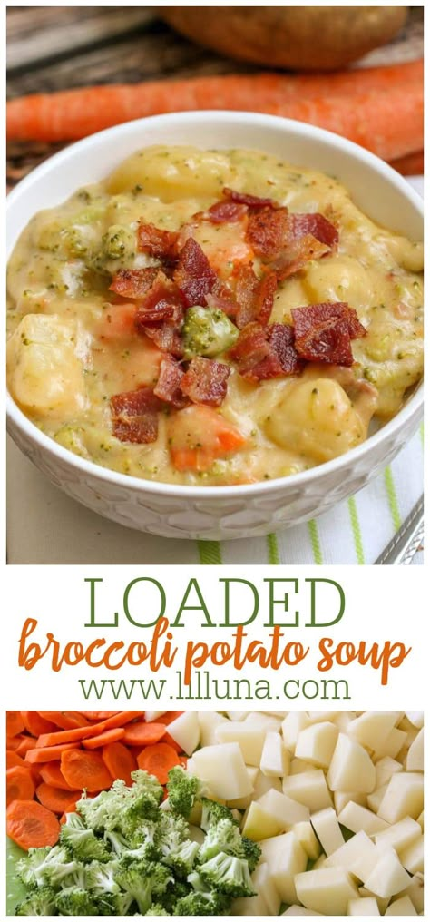 This thick and creamy soup is full of delicious vegetables including broccoli, potatoes, and carrots, plus lots of cheese and delicious seasonings. Loaded broccoli potato cheese soup is the ultimate cheesy broccoli soup recipe. #loadedbroccolipotatosoup #broccolipotatosoup #loadedpotatosoup #potatobroccolisoup #loadedbroccolicheeseandpotatosoup Broccoli Cheddar Soup With Potatoes, Brócoli Potato Soup, Brocolli Potato Soup Recipes, Loaded Broccoli Potato Soup, Potato Cheddar Broccoli Soup, Broccoli Cheese Potato Soup, Broccoli Cheddar Potato Soup, Potato Vegetable Soup, Broccoli Cheddar Potato