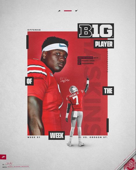 9-3-2018 DWAYNE HASKINS CHOSEN B1G OFFENSIVE PLAYER OF THE WEEK. Dwayne Haskins, Mexico 86, Sport Branding, Sports Design Inspiration, Sport Poster Design, Sports Graphics, Sports Graphic Design, Sports Images, Fitness Design