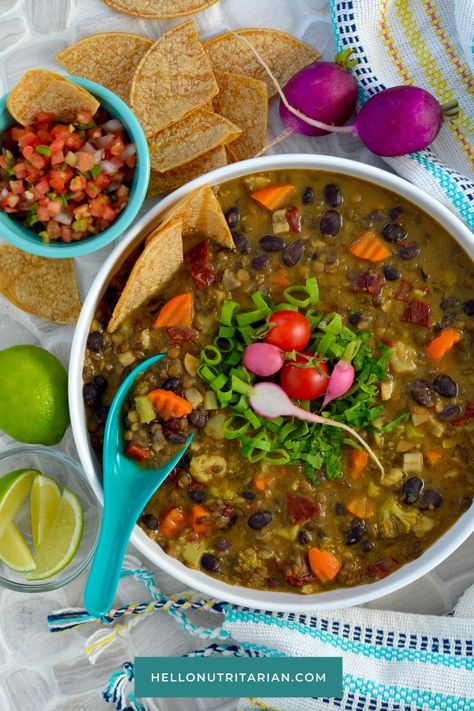 This warming, low-oil, low-sodium, vegan and nutritarian Chipotle Lentil & Black Bean Soup is packed full of fiber with a rich, savory and subtly spicy flavor that's perfect for cozying up during those colder fall and winter months! Dr Greger Recipes Plant Based, Joel Fuhrman Recipes, Chef Aj Recipes, Hello Nutritarian, Dr Furhman, Dr Fuhrman Recipes, Wfpb Vegan, Eat To Live Diet, Clean Lunch