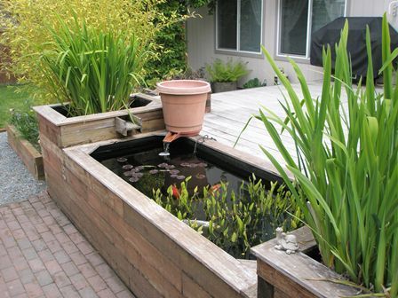 Modern Garden Ponds Design Ideas Raised Bed Pond, Sleeper Pond Ideas, Small Raised Pond Ideas, Raised Fish Pond, Fish Pond Ideas Above Ground, Small Raised Pond, Above Ground Pond Ideas, Raised Pond Ideas, Sleeper Pond