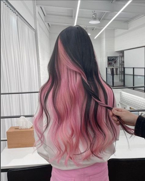 Black On Top Pink Underneath Hair, Black Roots Pink End, Pink Ombre Black Hair, Pastel Pink Streaks In Black Hair, Long Black Hair With Pink Highlights, Light Pink Peekaboo Hair Dark Brown, Pink Bottom Hair, Pink Hair Tips Black, Black Pink Ombre Hair