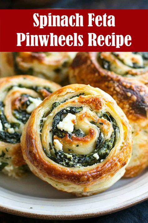 Spinach Feta Pinwheels, classic Greek spanakopita using puff pastry! These make the perfect party food or super simple lunchbox fillers. Spinach Feta Pinwheels Puff Pastries, Spanokita Recipe Greek, Spinach Feta Pinwheels, Lunchbox Fillers, Tater Tot Skewers, Feta Pinwheels, Loaded Tater Tot, Greek Spanakopita, Using Puff Pastry