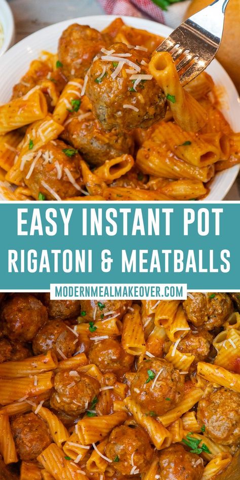 Pasta and meatballs in a white bowl. Rigatoni And Meatballs, Easy Instant Pot Pasta, Wellington Bites, Pasta And Meatballs, Instant Pot Pasta, Instant Pot Pasta Recipe, Easy Ground Beef, Best Instant Pot Recipe, Healthy Instant Pot Recipes