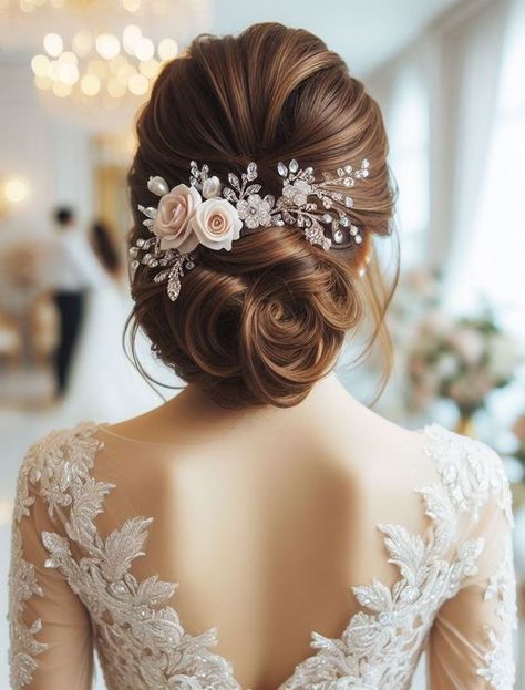 Hairstyles For Wedding Gown Brides, Princess Wedding Hair Updo, Bridal Hair Design, Wedding Hairstyles With Accessories, Bridal Hairstyle With Flowers, Bride Hairdo With Veil, Updo With Headband Wedding, Bride Hair Styles 2024, Haïr Style For Bride