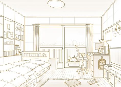 Bedroom Base Drawing, Corner Of A Room Drawing, One Point Perspective Room Bedrooms, Bedroom Perspective Drawing, 3d Room Drawing, Bedroom Ideas Drawing, Bedroom Drawing Ideas, Room Drawing Reference, Study Room Drawing