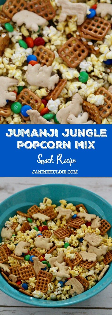 Jumanji Themed Food, Jungle Journey Vbs Snacks, Jungle Themed Snacks For Kids, Jumanji Movie Night, The Jungle Book Movie Night, Jungle Snacks, Popcorn Snack Mix Recipes, Popcorn Mix Recipes, Popcorn Mix