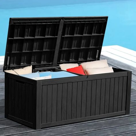 Homiflex 150 Gallon Large Outdoor Deck Storage Box For Yard Tools Lockable Lid, Black | High-quality & Affordable | Temu Stylish Storage Boxes, Waterproof Outdoor Storage, Outdoor Storage Solutions, Yard Tools, Garden Courtyard, Deck Boxes, Deck Box Storage, Patio Bench, Large Cushions