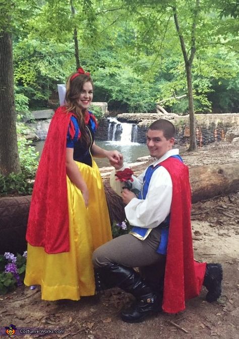 Sue: My son wanted a creative way to propose to his girlfriend, so he asked me to make a Snow White costume for his girlfriend and a prince costume for him.... Snow White Prince Costume, Snow White Prince Charming, Snow White And Prince Charming, Disney Couple Costumes, Snow White And Prince, Prince Charming Costume, Snow White Halloween Costume, Couples Costumes Creative, Snow White Prince