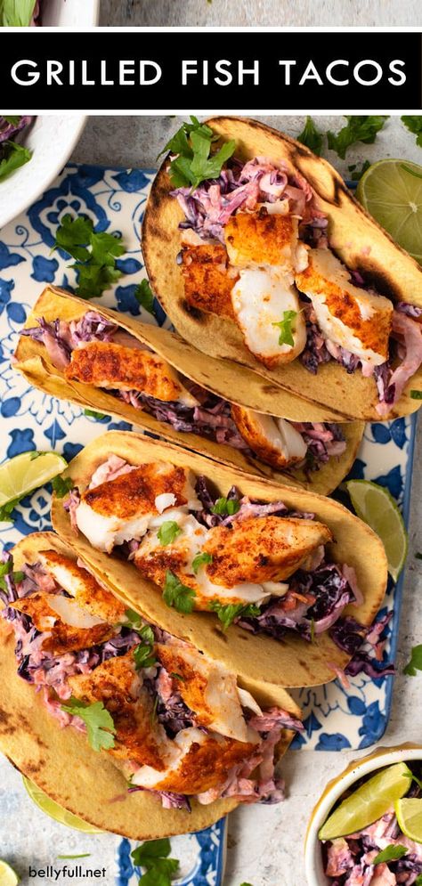 This Grilled Fish Taco recipe is made with cabbage slaw, a simple seasoning, and corn tortillas. Use whatever white fish you like (tilapia, cod, mahi mahi, or halibut) for this easy and delicious dish. #fishtacos #easyrecipe #seafood #summer Grilled Fish Tacos, Grilled Fish Recipes, Fish Dinner Recipes, Taco Pasta, Taco Pizza, Fish Tacos Recipe, Taco Dip, Healthy Tacos, Fish Recipes Healthy