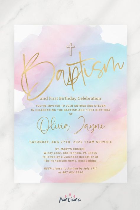 Baptism And Birthday Party Combined, First Birthday And Baptism Girl, Pastel Rainbow 1st Birthday, Pink Gold Decor, Baptismal Invitation, Dedication Invitations, Rainbow 1st Birthday, Frozen Themed Party, Baptism Invitations Girl