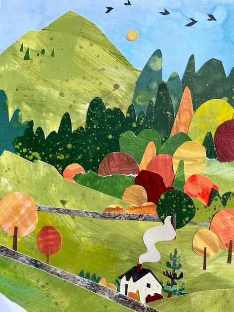 Construction Paper Art, Collage Landscape, Tree Watercolor Painting, Hallway Art, Collage Diy, Collage Art Projects, Fall Landscape, Paper Collage Art, Collage Techniques