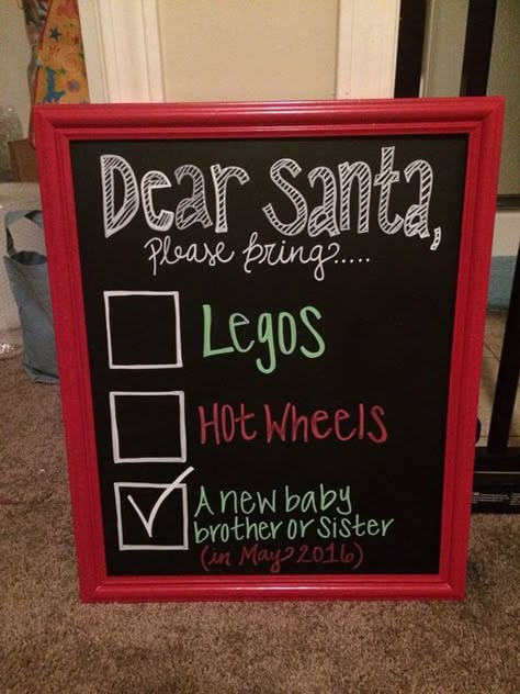 Baby Announcement Winter, Second Baby Announcements, Baby 2 Announcement, Pregnancy Chalkboard, Big Brother Announcement, Chalkboard Christmas, Pregnancy Facts, Christmas Baby Announcement, Fun Baby Announcement