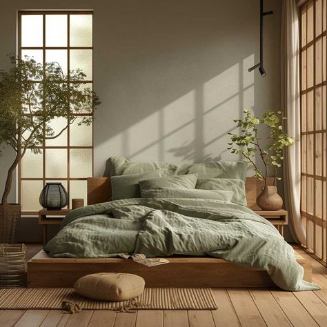 Tranquil Room Decor, Japandi Nyc Apartment, Black White Green Brown Interior, Japandi Interiors Green, Soft Minimalism Interior, Japandi Color Palette, Japandi Bedroom, Japanese Bedroom, Japandi Interior Design