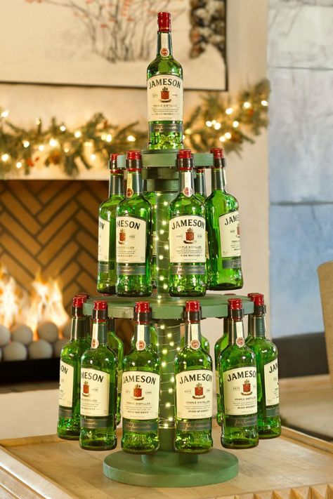 Jameson Whiskey, Jameson Irish Whiskey, Unique Christmas Trees, Tabletop Christmas Tree, Xmas Ideas, Irish Whiskey, White Christmas Tree, Liquor Bottles, Wooden Stand